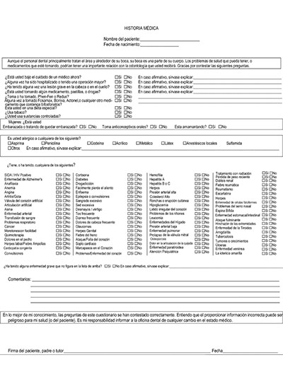 Spanish Medical History Form